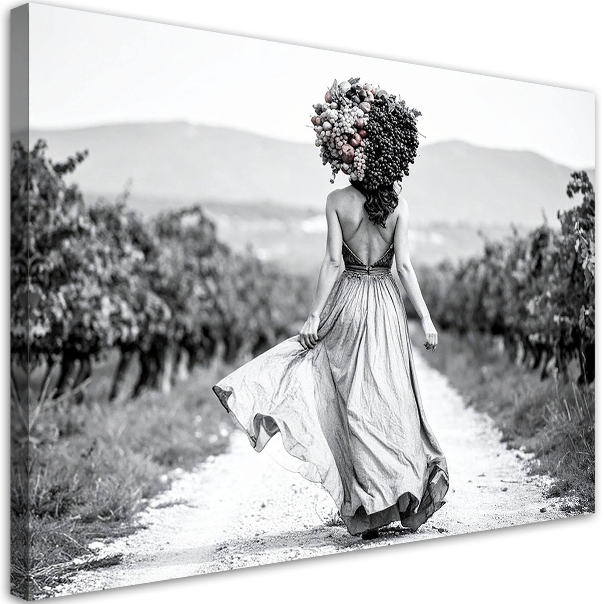 LEINWANDBILD Frau mit Früchten auf dem Kopf 100x70cm - Schwarz, Textil (100/70cm) - Feeby