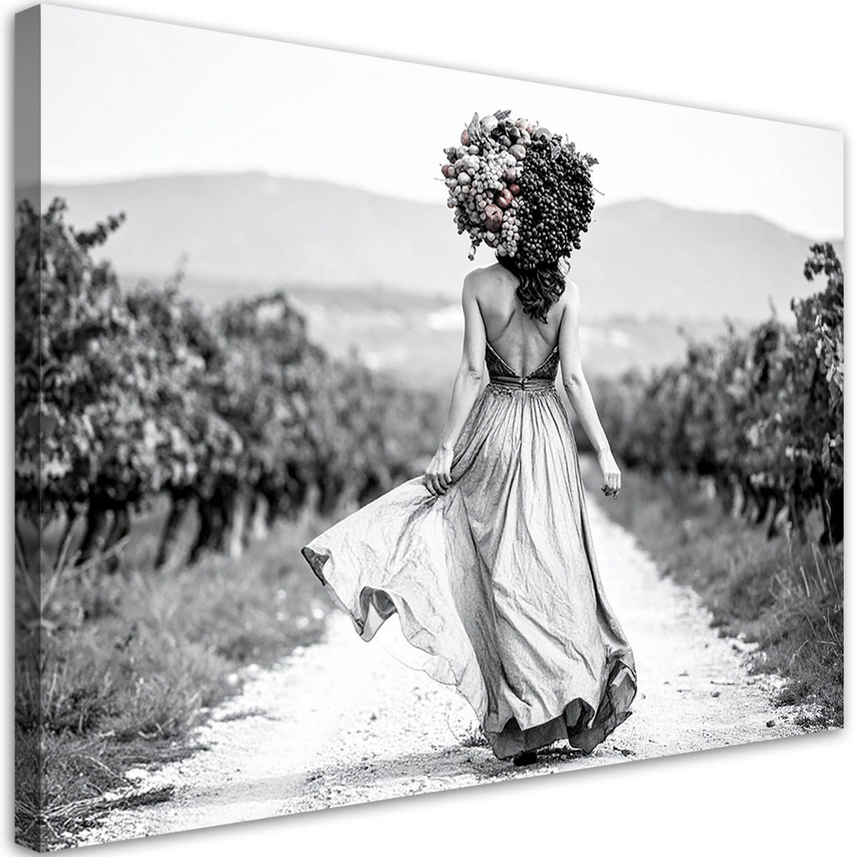LEINWANDBILD Frau mit Früchten auf dem Kopf 100x70cm - Schwarz, Textil (100/70cm) - Feeby
