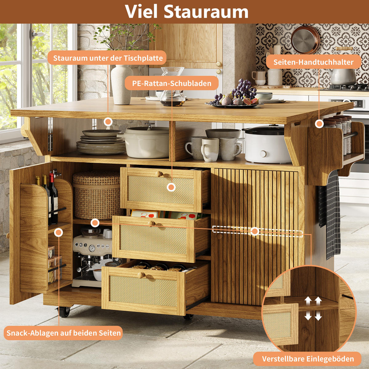 KÜCHENINSEL Ausklappbar PE Rattan Naturbraun - Naturfarben, Holzwerkstoff (142.5/95/80cm) - FLIEKS