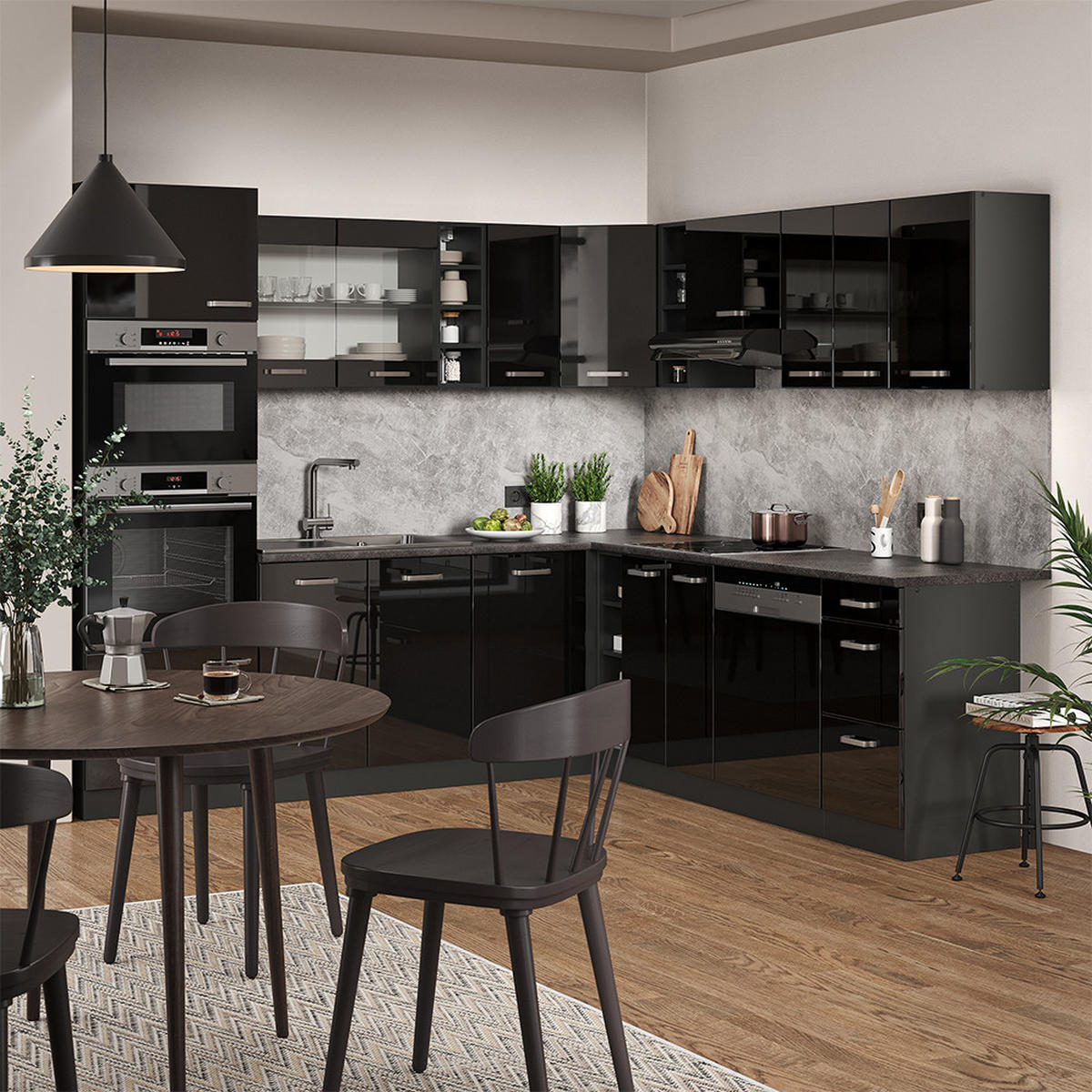 ECKKÜCHE R-Line Schwarz Hochglanz/Anthrazit 237 x 247 cm, AP Anthrazit - Schwarz Hochglanz/Anthrazit, Holzwerkstoff (247/81.6/60cm) - Vicco