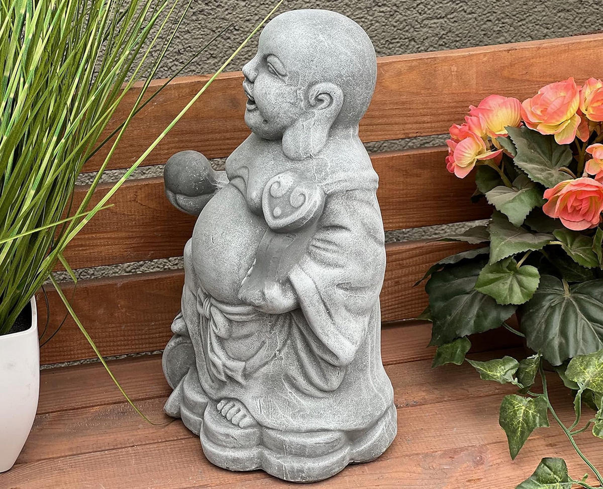 STEINFIGUR Dicker Shaolin Buddha Mönch stehend frostfest Steinguss - Grau, Stein (21/30/15cm) - stoneandstyle