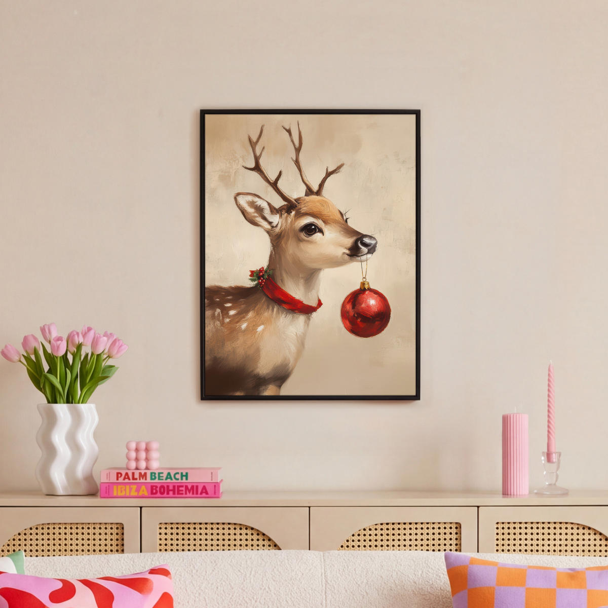 LEINWAND Bilder mit Rahmen - Weihnachten - Hirsch - Geweih - Weihnachtskugel - Rentier - 60x80 - Hellbraun, Textil (60/80cm) - MuchoWow