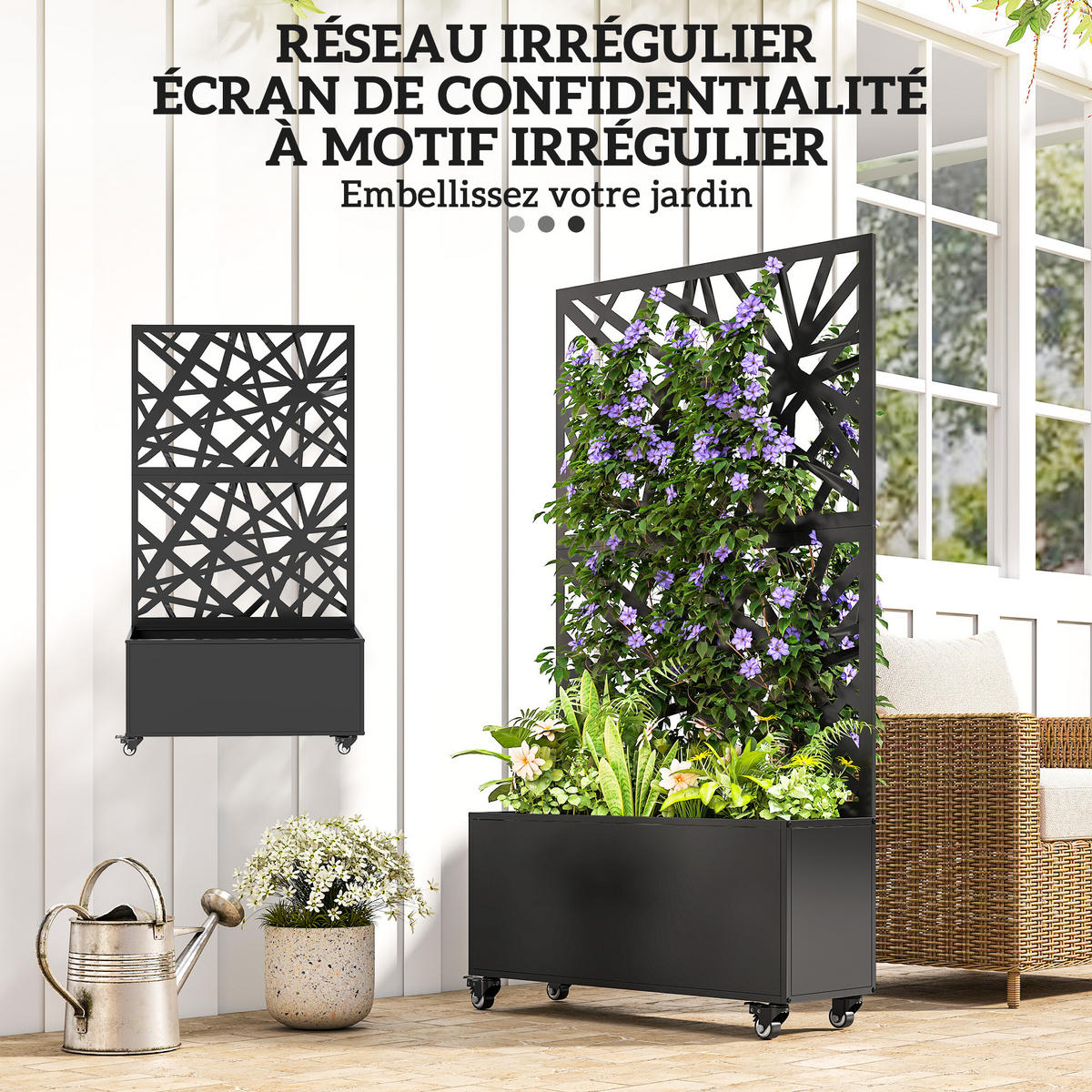 HOCHBEET DE-12295 mit Sichtschutz u. Rollen, 90/30/160 cm Schwarz - Schwarz, Metall (90/160/30cm) - ComfortXL