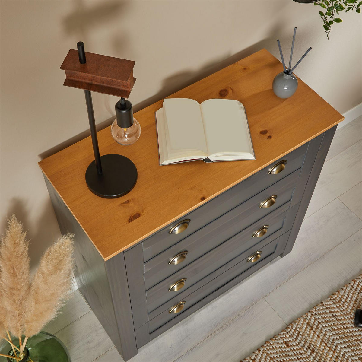 KOMMODE BOLTON - Anthrazit/Braun, Holz (91/93/40cm) - IDIMEX