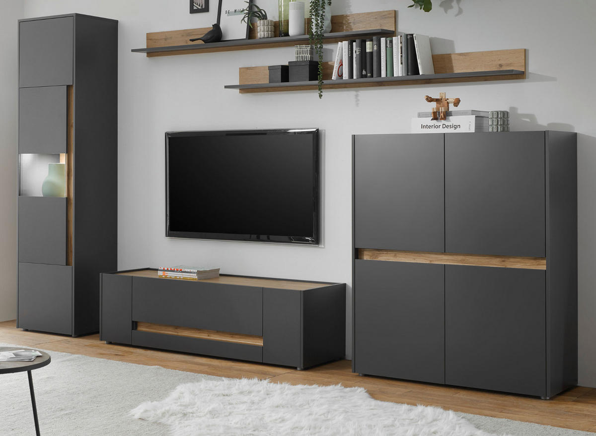 WOHNWAND 5-teilig grau matt, Eiche Wotan 330 cm, Schrankwand mit 15 Fächern - Eiche Wotan/Grau, Glas/Holz (330/197/45cm) - Furn.Design