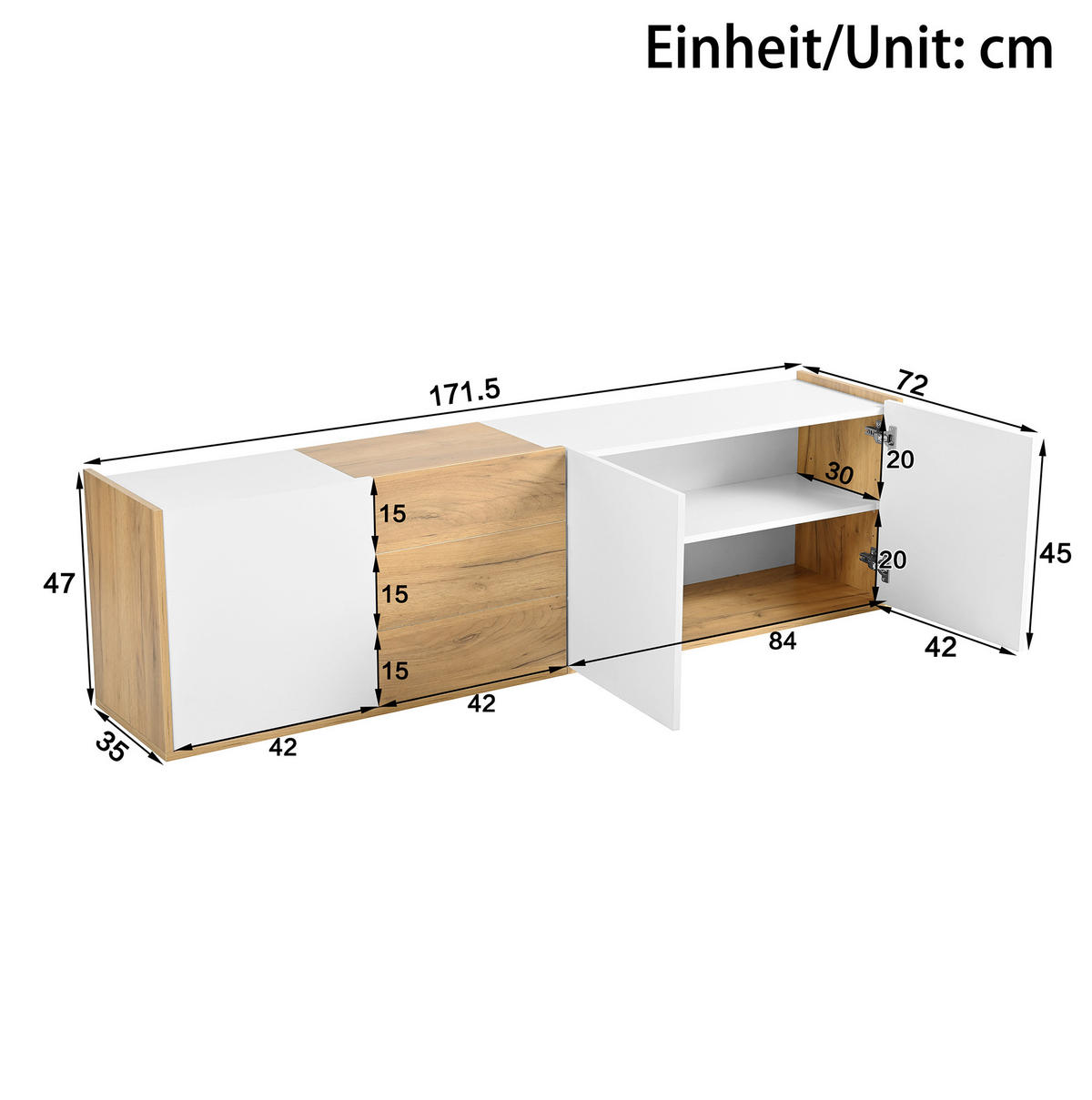 LOWBOARD 171.5/35/47 cm in Weiß/Holzfarbe aus MDF mit 3 Türen und 3 Schubladen - Weiß, Holzwerkstoff (35/47/171.5cm) - OKMYHOME