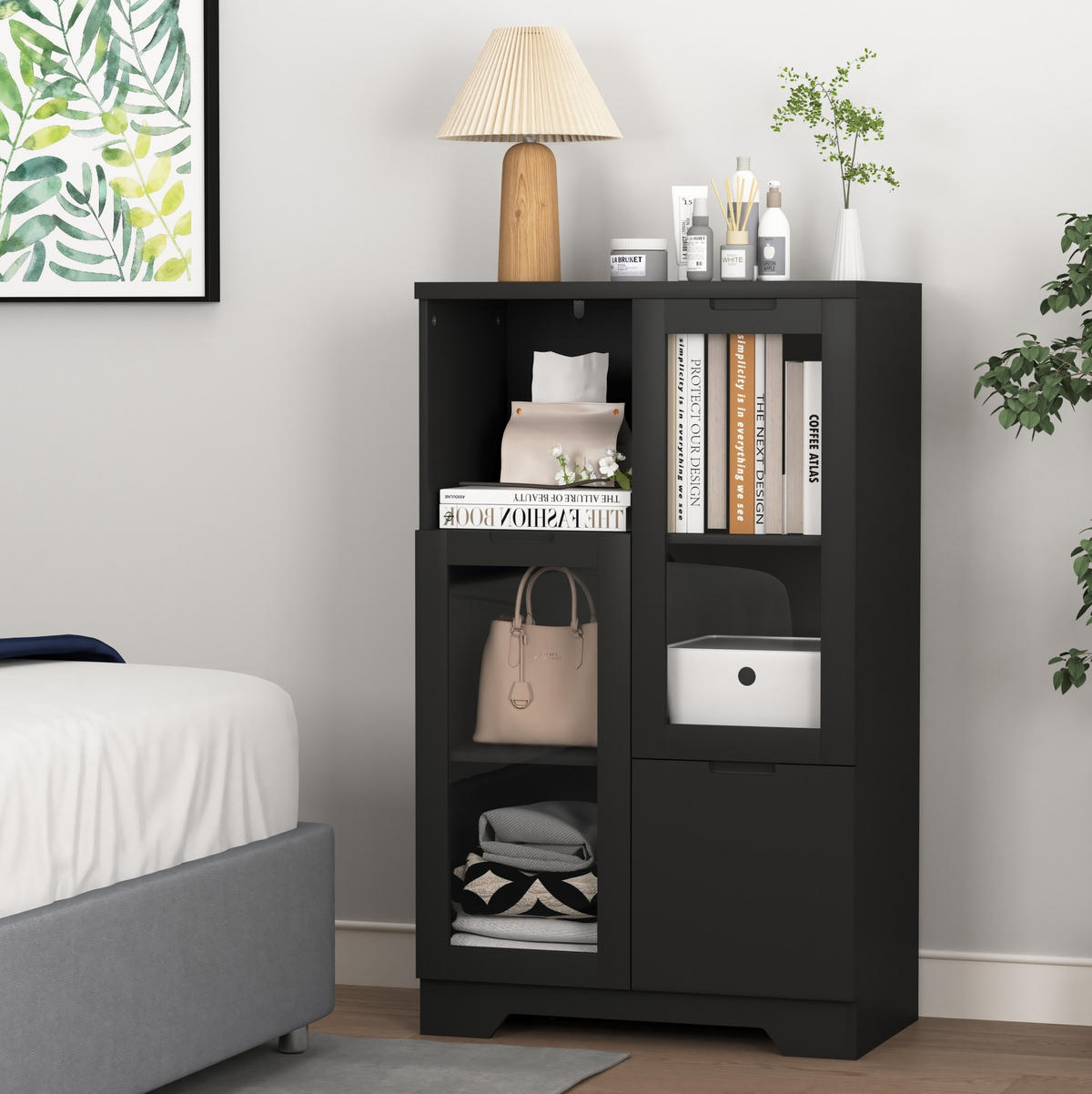 KOMMODE mit 2 Glastüren und verstellbaren Einlegeböden, MDF, grifflose Optik, 65/30/100 cm, Schwarz - Schwarz, Holzwerkstoff (65/100/30cm) - Redom