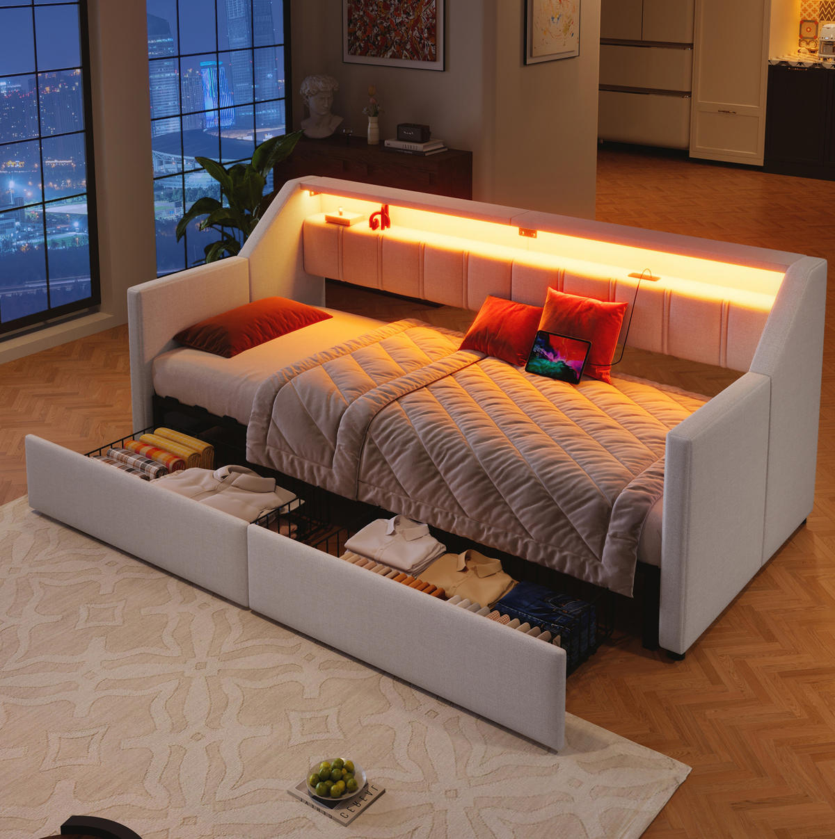 TAGESBETT 90/200 cm mit Ausziehfunktion zu 180/200 cm, USB, Type-C, LED und 2 Schubladen, Beige - Beige, Textil (90/200cm) - Redom
