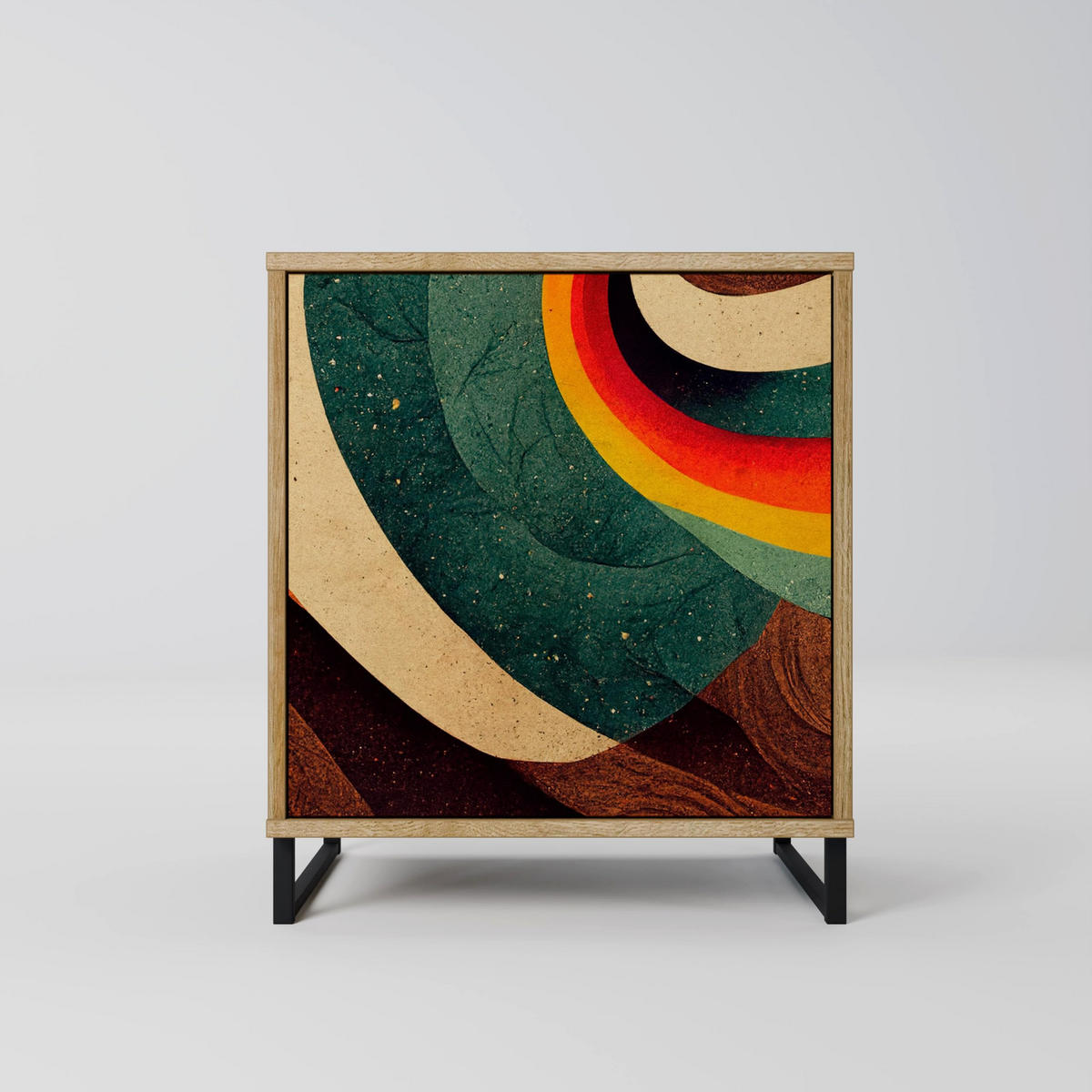 SIDEBOARD COLORFUL STRANDS, Eichefarben, 57,5x42x70,5 cm, Schwarze Metall-Sternfüße - Eichefarben/Multicolor, Holzwerkstoff/Metall (57.5/70.5/42cm) - SpaceRebels