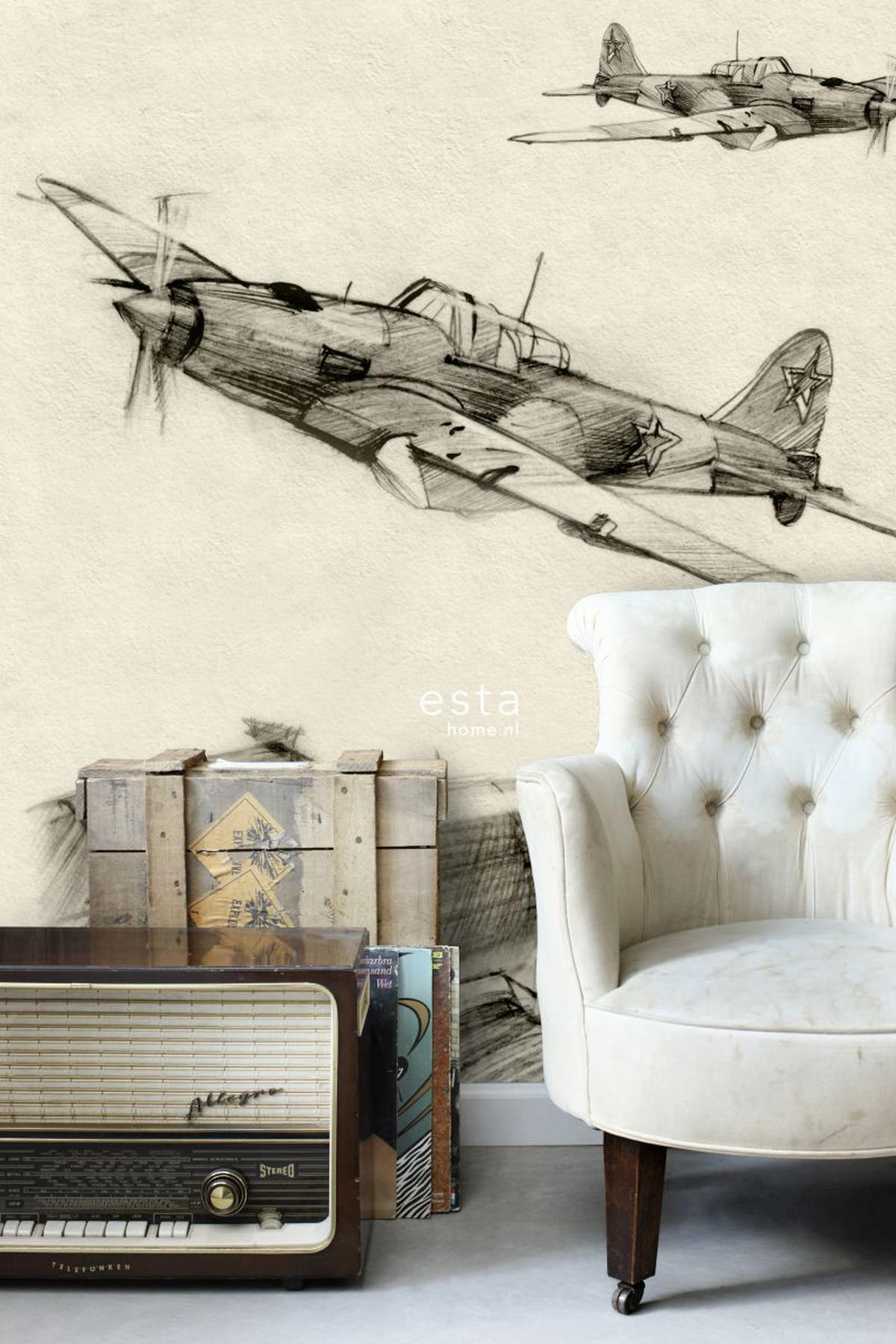 FOTOTAPETE Flugzeugzeichnungen 186 x 279 cm - Beige, Papier (186/279cm) - ESTAhome