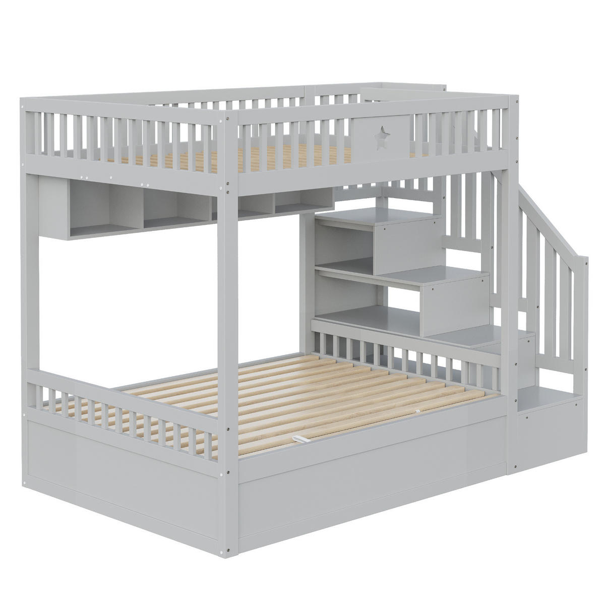 ETAGENBETT aus Kiefernholz 140x200 cm Grau mit hydraulischem Unterbett, Regalen und Stauraumtreppe - Grau, Holzwerkstoff (140/200cm) - IVMEU