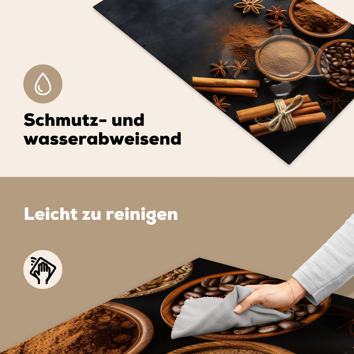 HERDABDECKPLATTE Zimt - Beton - Kaffee - Zimtstangen - Gewürze Induktionsschutz 91.2x52 cm - Mokka, Kunststoff (91.2/52/0.2cm) - MuchoWow