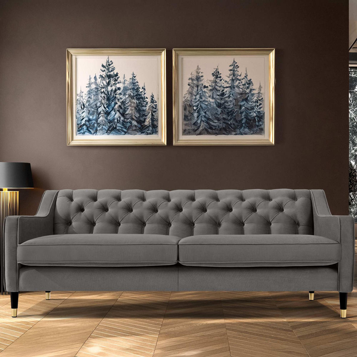 3-SITZER-SOFA NOMUS Velours, gesteppt, Grau - Wengefarben/Grau, Holz/Holzwerkstoff (192/78/80cm) - KONSIMO®