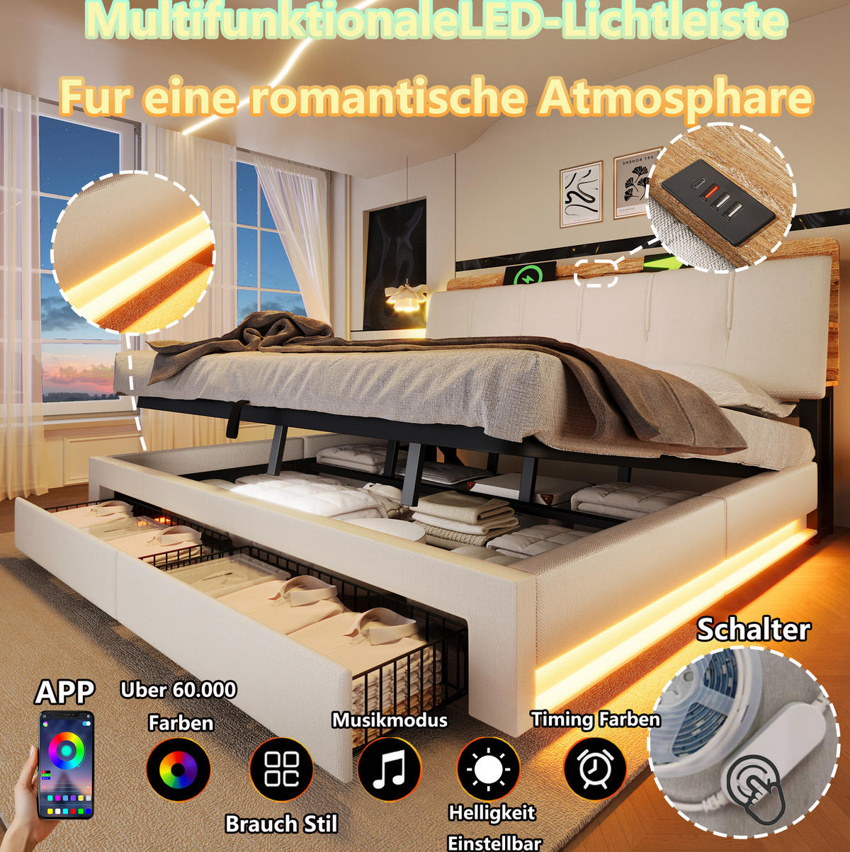 POLSTERBETT 180/200 cm Beige mit USB-, Typ-C-Anschluss, LED und hydraulischem Stauraum aus Leinen - Beige, Textil (180/200cm) - OKMYHOME