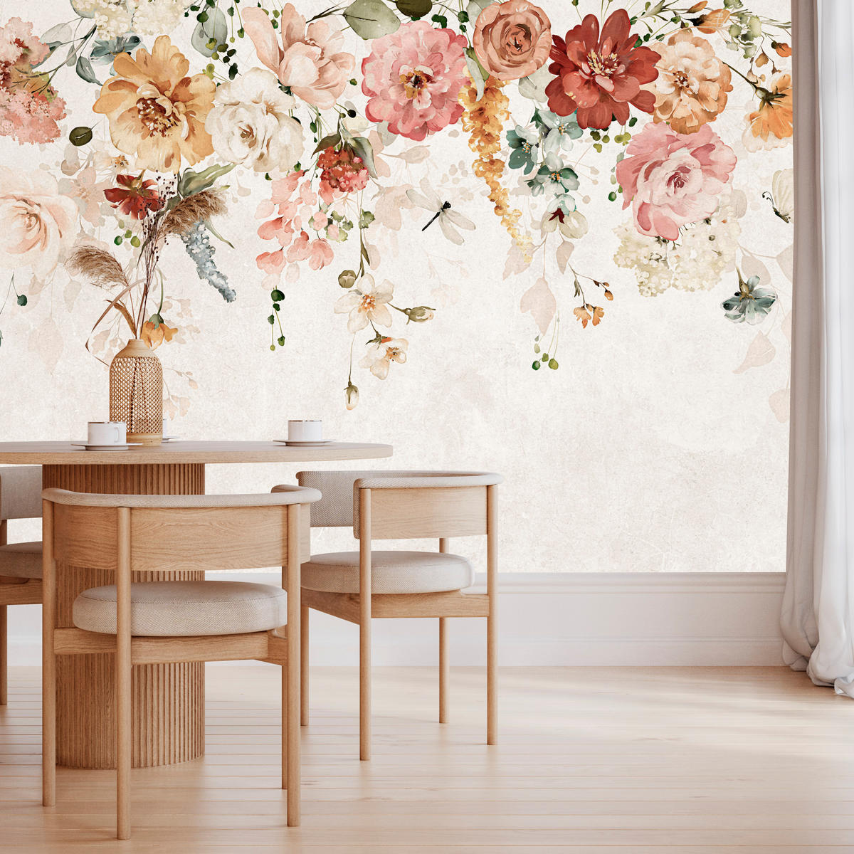 FOTOTAPETE für Esszimmer Aquarellblumen Blätter Pflanzen Pfingstrosen Rosen 500x350 - Multicolor, Papier (500/350cm) - Muralo