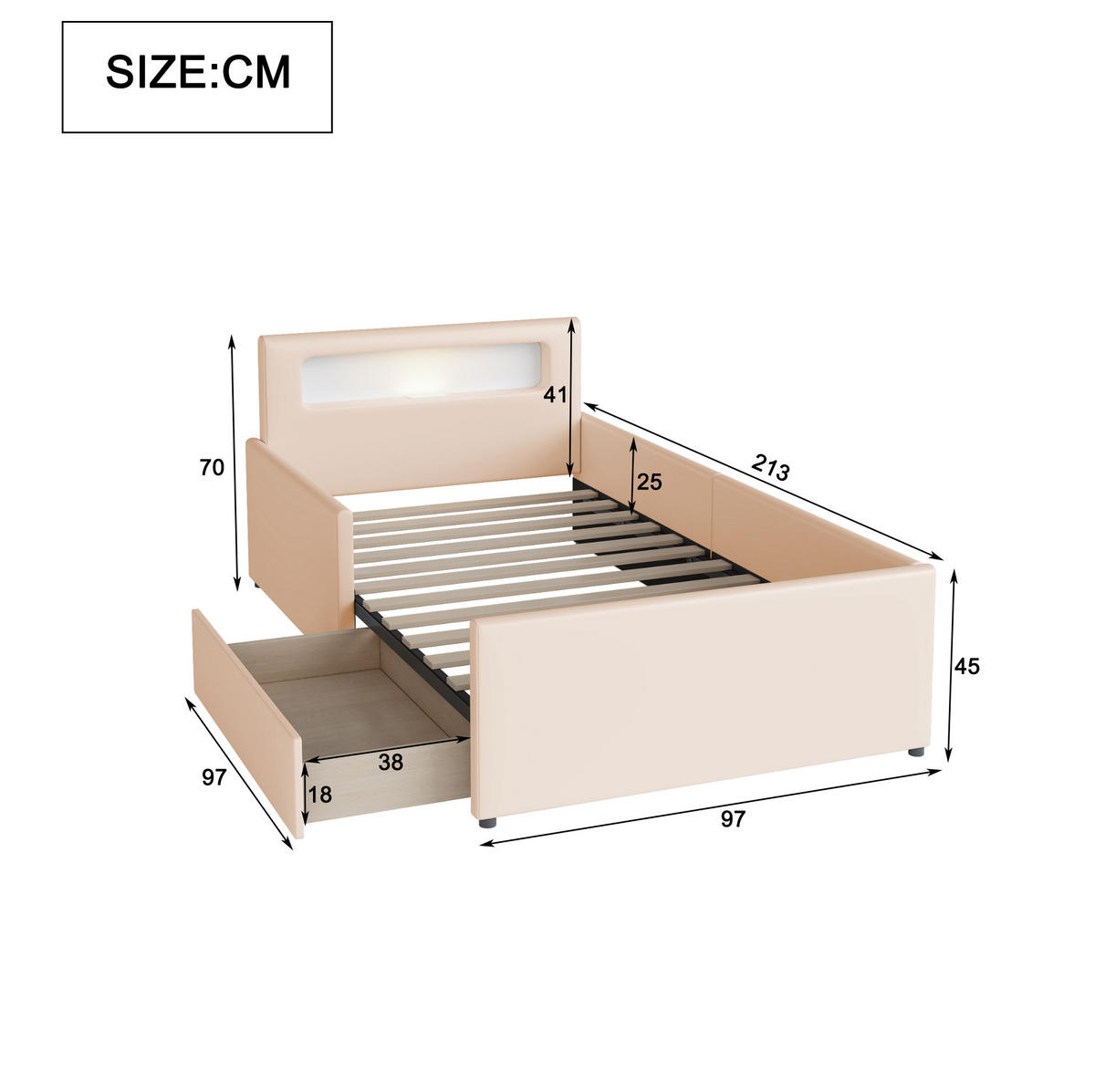 KINDERBETT 90/200 cm aus Kunstleder mit Nachtlicht und USB-Anschluss Beige - Beige, Textil (90/200cm) - Modenvie