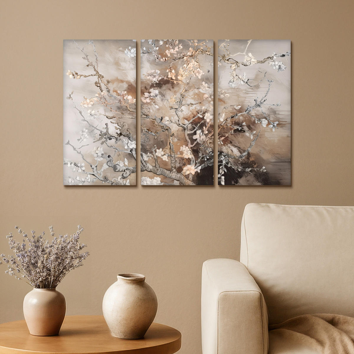 LEINWANDBILD 3er Set Mandelblüte - Abstrakt - Beige 60x40 cm - Beige, Textil (60/40cm) - MuchoWow