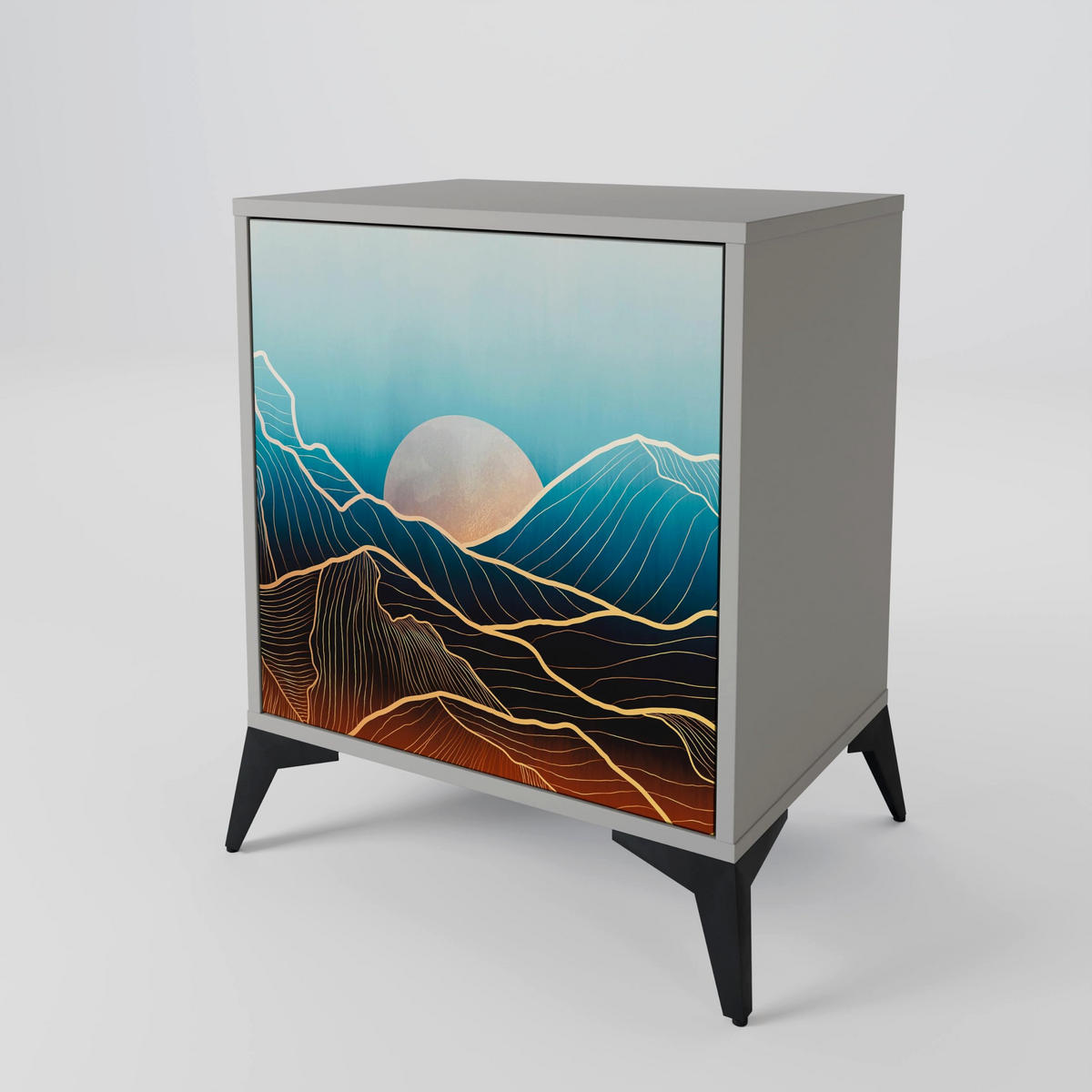 SIDEBOARD LUNAR SECRETS, Grau, 57,5x42x75,5 cm, Goldfarbene Metallfüße - Goldfarben/Multicolor, Holzwerkstoff/Metall (57.5/75.5/42cm) - SpaceRebels