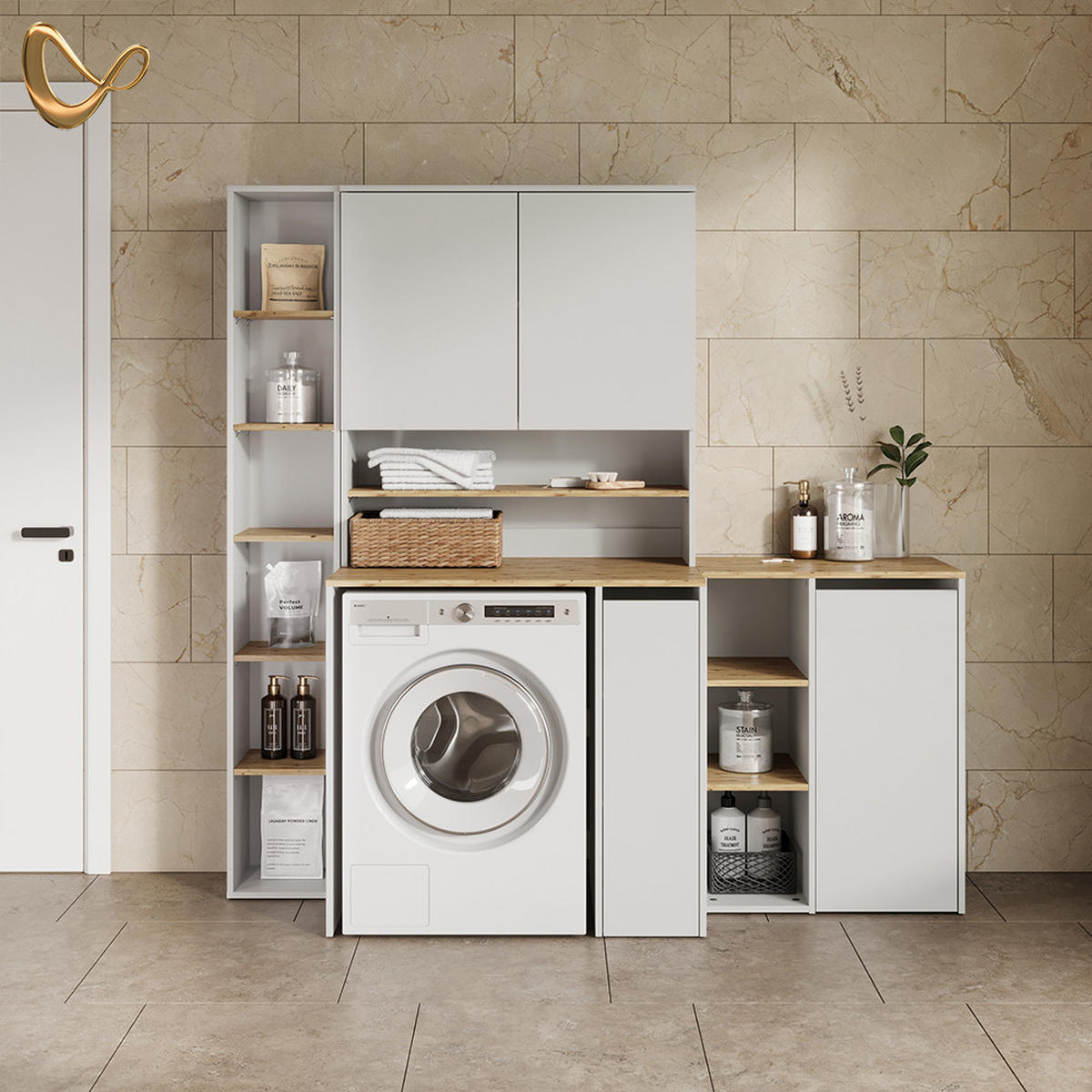 WASCHMASCHINENSCHRANK Paolina Weiß/Artisan 93.6 x 88.2 cm 2 Teile mit Regal - Weiß/Eiche Artisan, Holzwerkstoff (93.6/88.2/60.3cm) - Livinity®