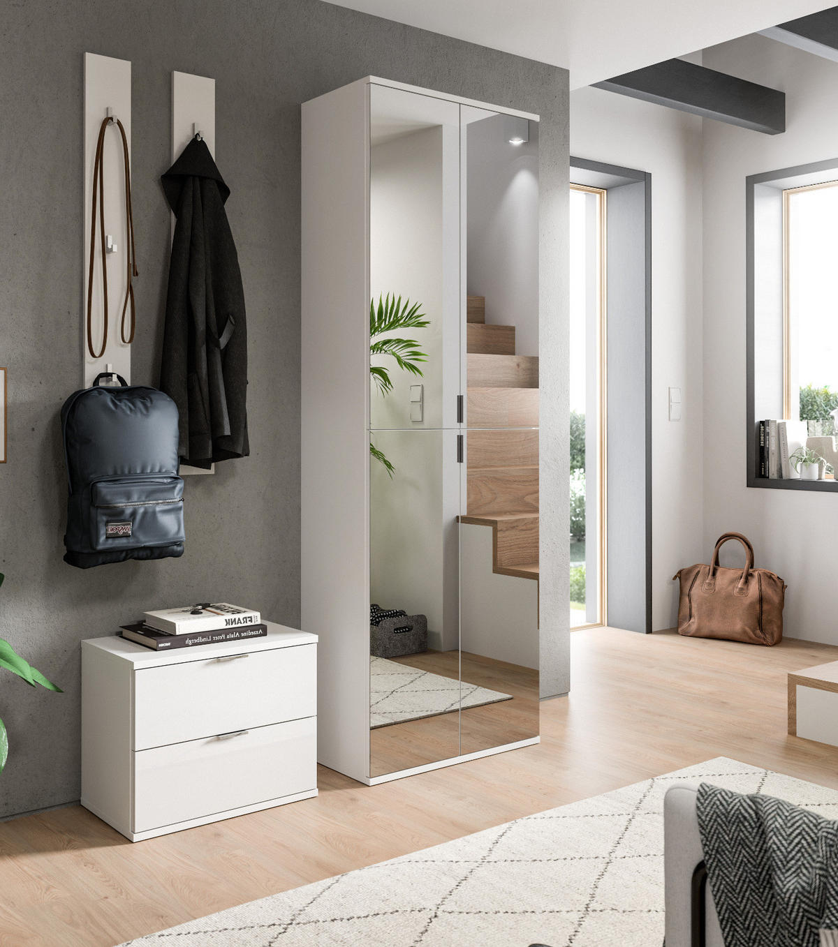 GARDEROBE Set 4-teilig weiß Hochglanz 128 cm, Flurgarderobe mit 9 Fächern - Chromfarben/Weiß Hochglanz, Glas/Holzwerkstoff (128/193/34cm) - Inn.Furn