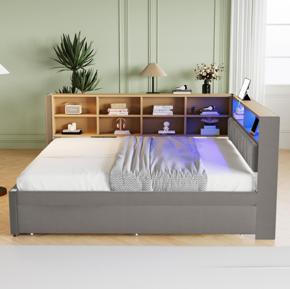 BETT aus Flanell 140x200 cm Dunkelgrau mit 90x190 cm Ausziehbett, LED-Beleuchtung und Ladeanschlüssen - Dunkelgrau, Textil (90/200cm) - Modfu