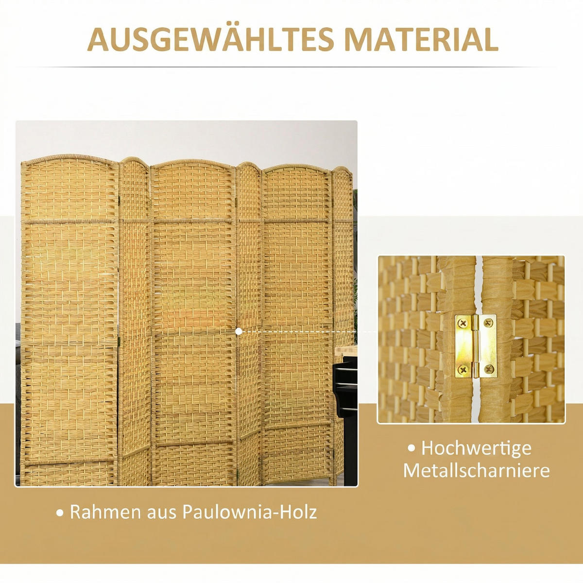 PARAVENT Polypropylen, Kiefernholz Naturholz - Naturfarben, Holz (1.7/180cm) - HOMCOM