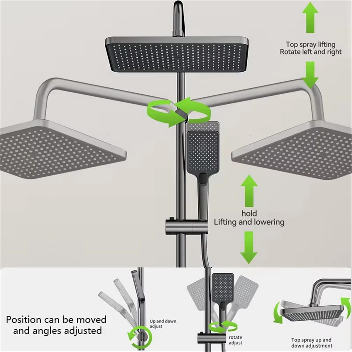 ÜBERKOPFBRAUSESET Aluminium Klavierknopf LED Duschsystem - Dunkelgrau, Metall (20/125/30cm) - Kaket