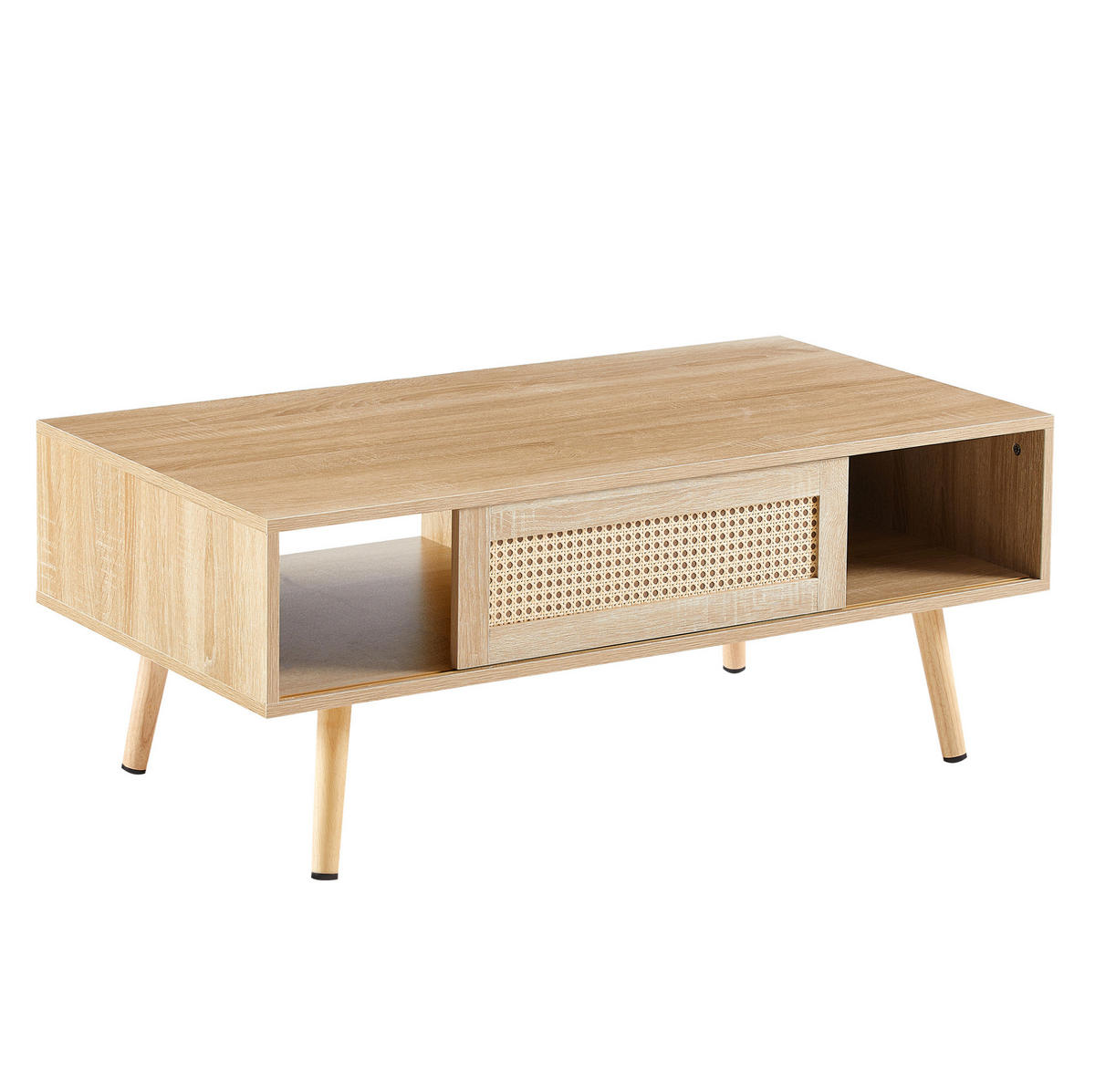 COUCHTISCH 105/55/40 cm mit Rattan-Schiebetür und Massivholzbeinen - Braun, Holzwerkstoff (105/55/40cm) - Flora Grace