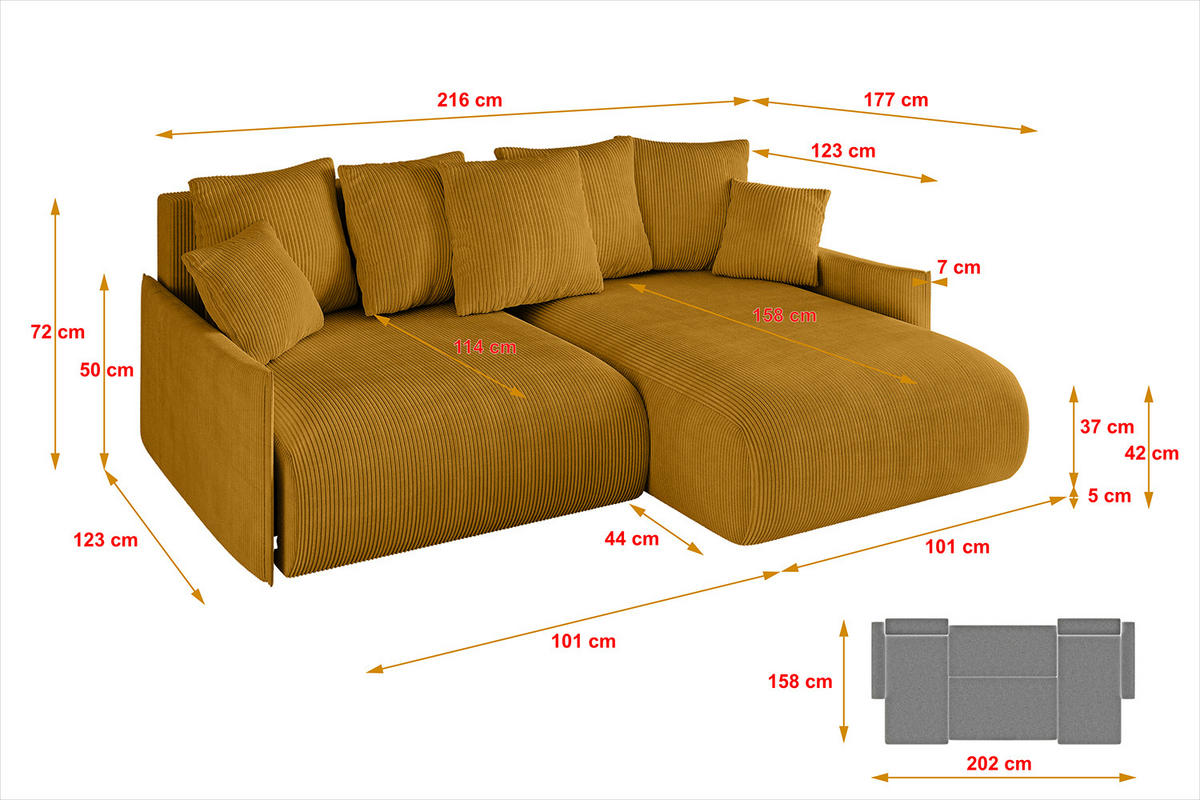 ECKSOFA Ottomane rechts ONESK-L -v1 216x177x72 Senfgelb Cord - Currygelb, Holzwerkstoff/Kunststoff (177/216cm) - ALTDECOR