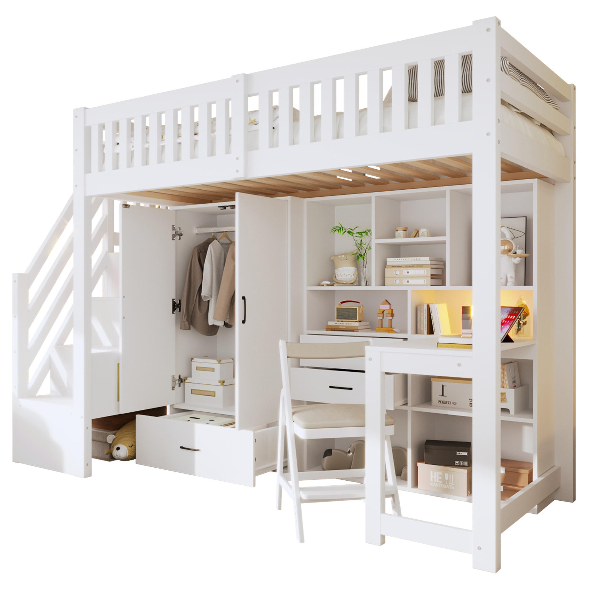 STILVORA HOCHBETT 90/200 cm in Weiß mit Ablageleiter, Kleiderschrank, Schreibtisch und Schubladen
