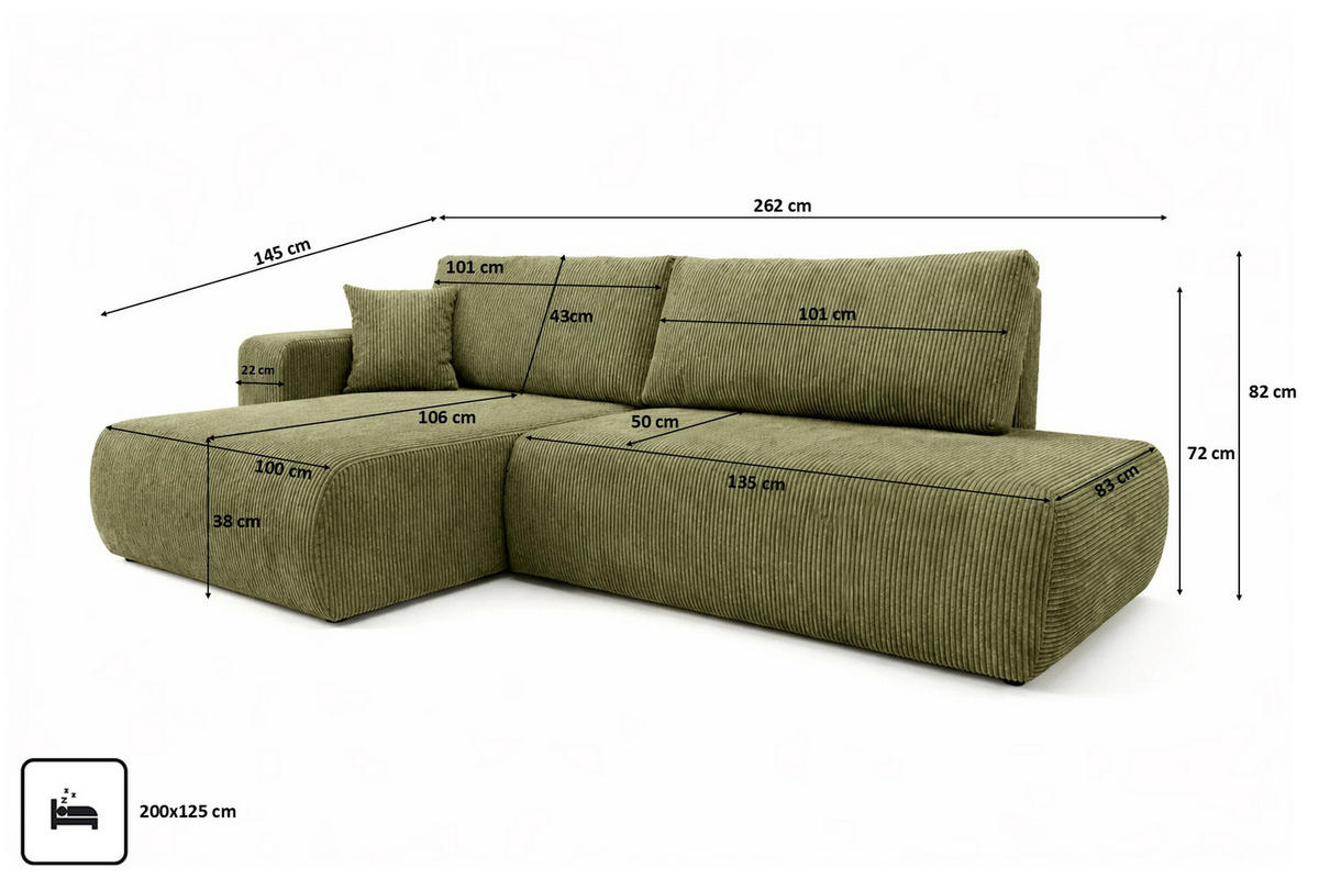 ECKSOFA Mit Schlaffunktion Und Bettkasten, Cordstoff Poso, Olive, Links, OPEN XL - Olivgrün, Holz (262/145cm) - Kaiser Möbel