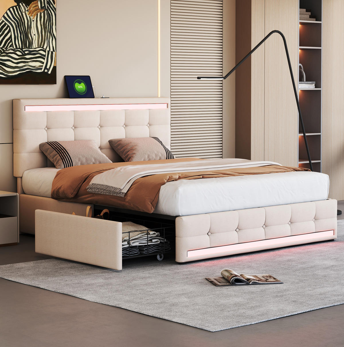 POLSTERBETT aus gepolstertem Bezug 140x200 cm Beige mit LED-Beleuchtung, 2 USB-Anschlüssen und 4 Schubladen - Beige, Textil (140/200cm) - Modfu