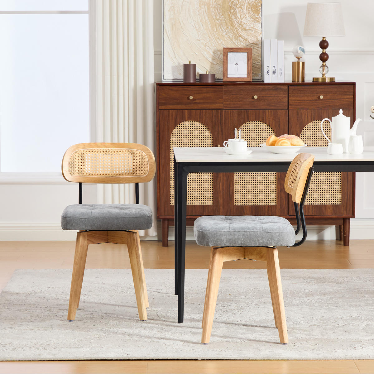 STUHL-SET 2 Stück, 360° drehbar Rattan 360°, DE-42279, Grau - Grau, Metall (50/77/43cm) - ComfortXL