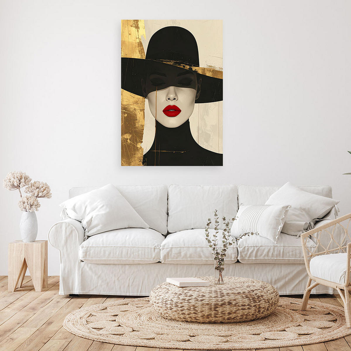 WANDBILD, Eine Frau mit schwarzem Hut und roten Lippen - Goldfarben, Textil (20/30cm) - Feeby