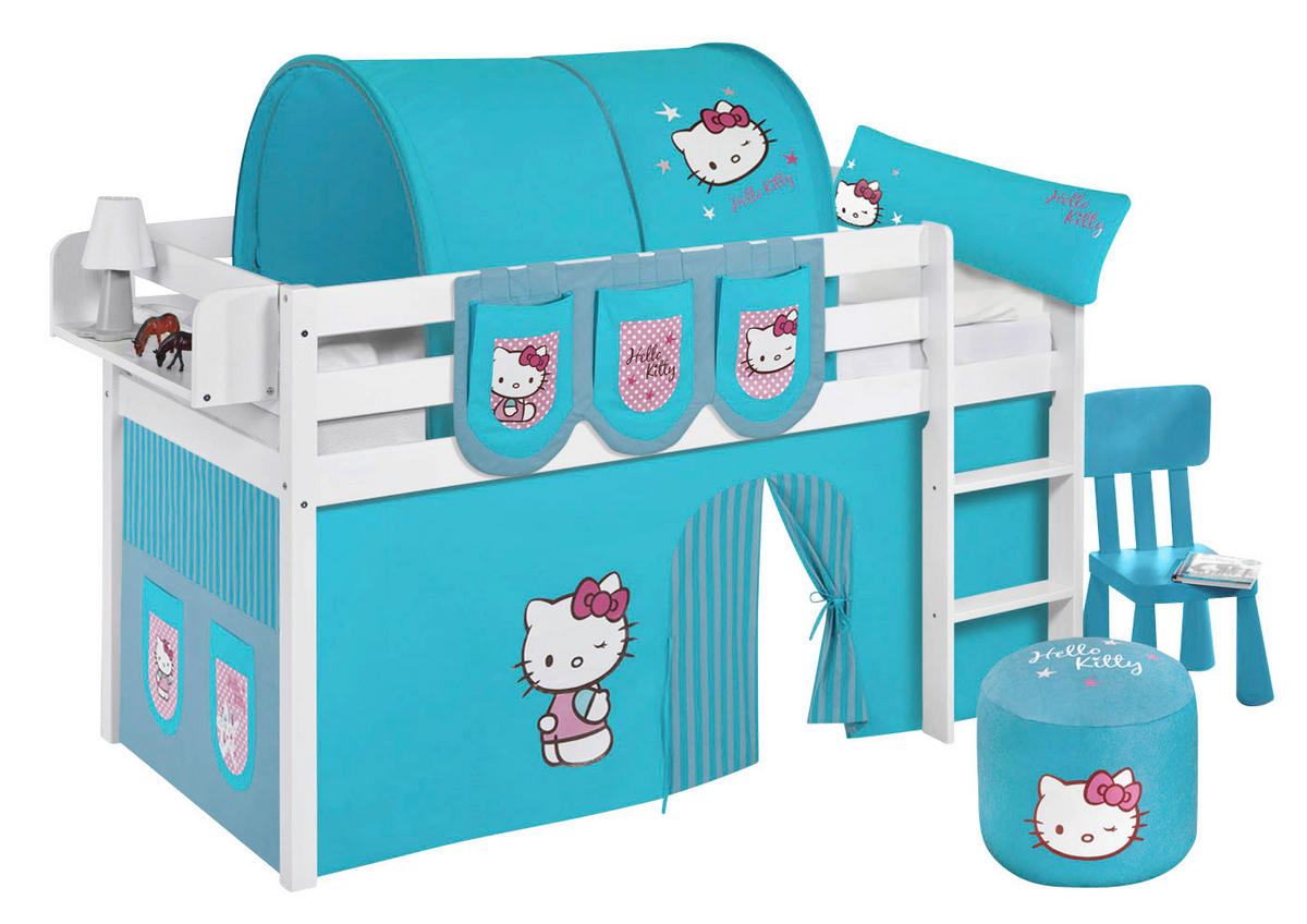 HOCHBETT Jelle mit HELLO KITTY Vorhang - Kinderbett - Weiß, Holz - Lilokids