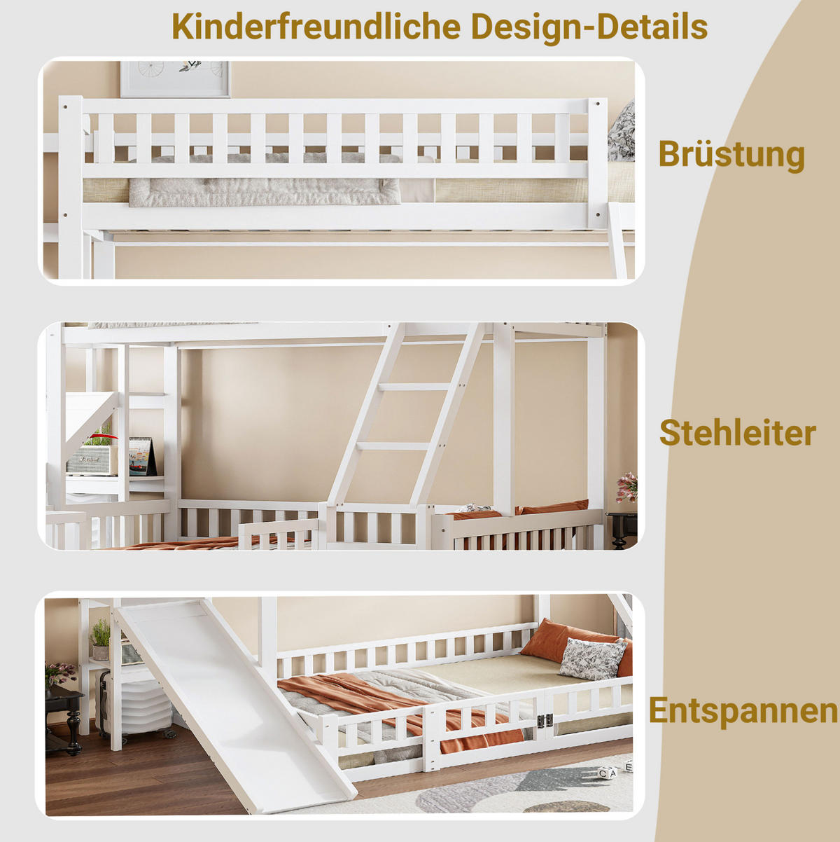 ETAGENBETT aus Kiefernholz und MDF 140x200 cm Weiß mit Rutsche, Regalen, Geländer und kleiner Tür - Weiß, Holzwerkstoff (140/200cm) - Modfu