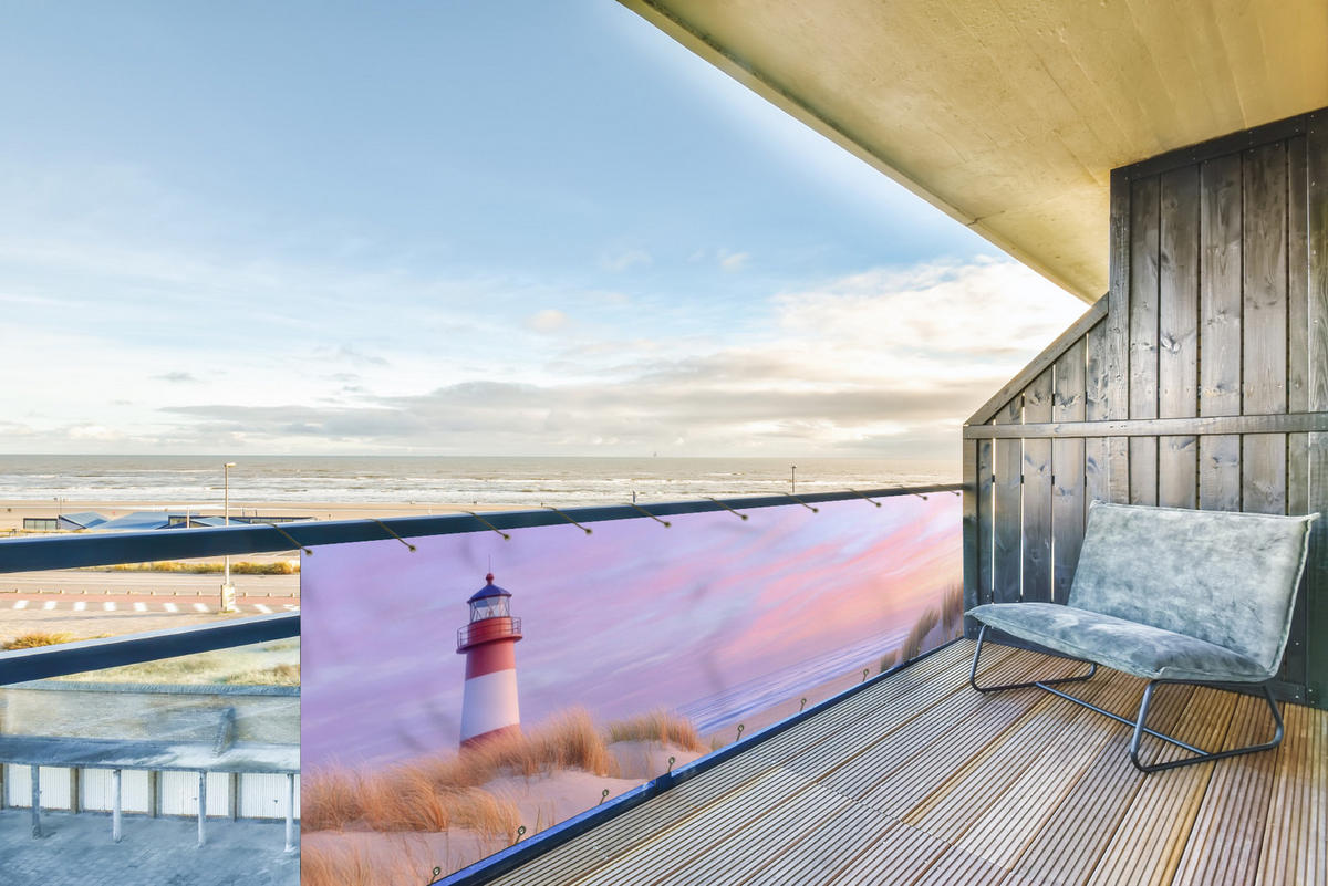 BALKON-SICHTSCHUTZ Leuchtturm - Dünen - Sonnenuntergang 300x85 cm - Hellrosa, Kunststoff (300/85cm) - MuchoWow