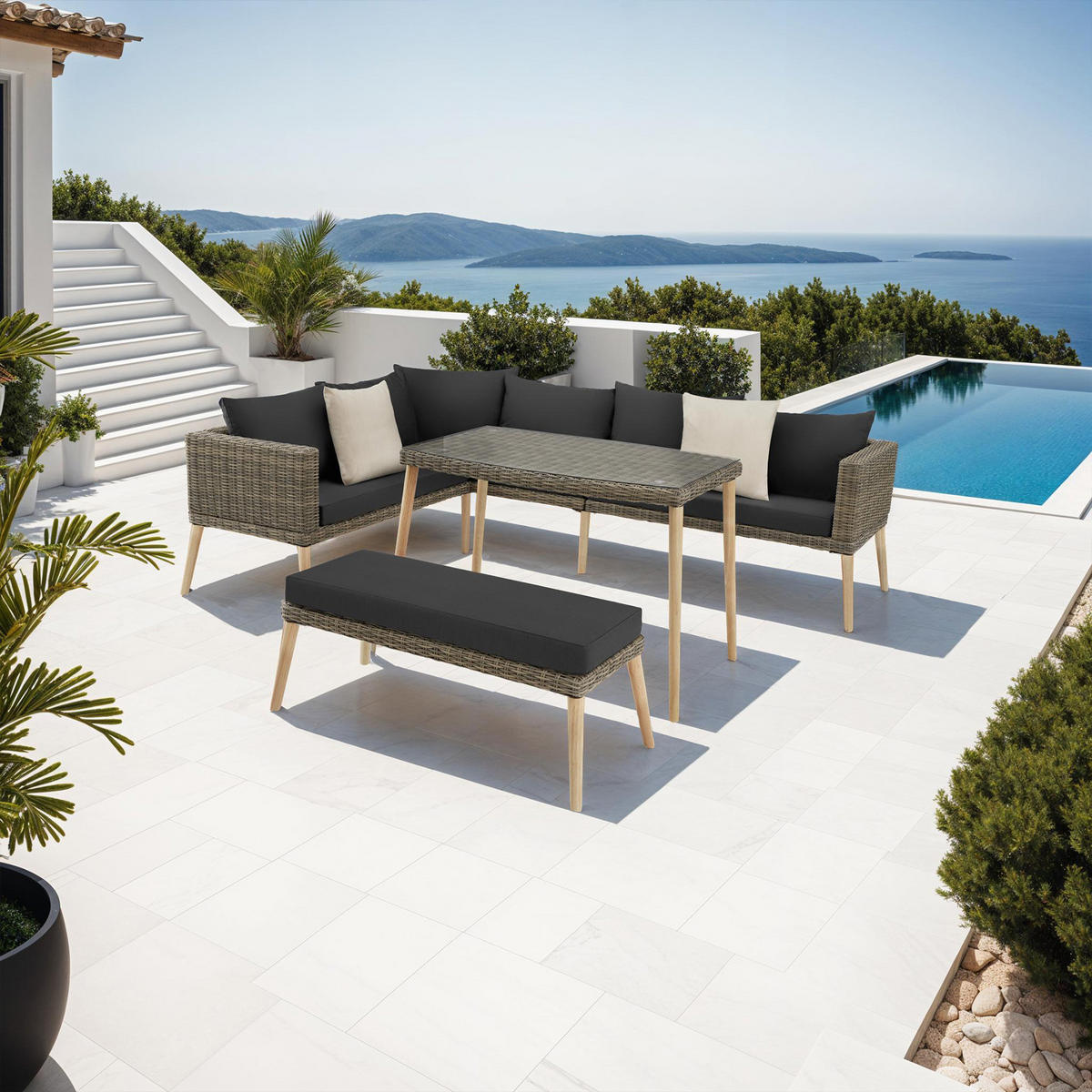 RATTANLOUNGE Pula,mit Sicherheitsglasplatte,natur - Naturfarben, Kunststoff/Metall - tectake