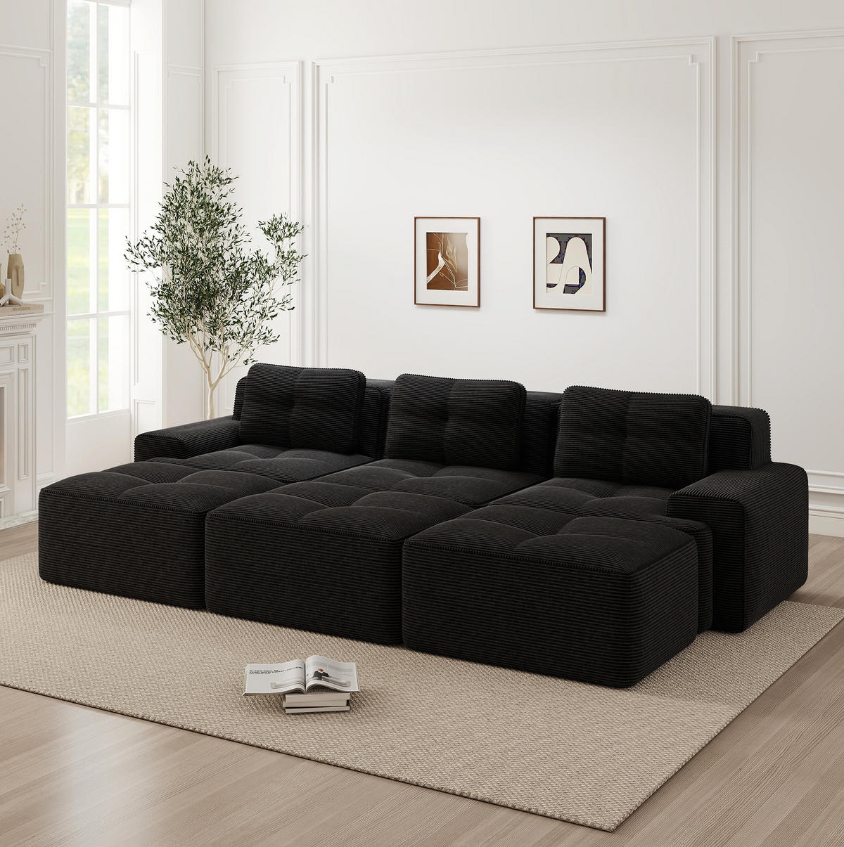 SOFA modular mit Schlaffunktion 74 cm Tiefsitz Cord Black - Schwarz, Kunststoff (177/69/293.2cm) - Meubliv