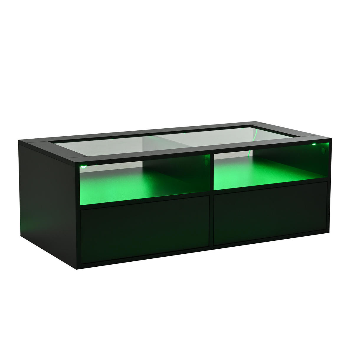 COUCHTISCH 100/50/35 cm Schwarz aus Glas und Holzwerkstoff mit LED-Beleuchtung und 2 Schubladen - Schwarz, Glas (100/50/35cm) - OKWISH