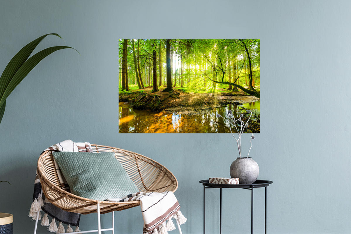 WANDTATTOO Wald - Landschaft - Wasser - Bäume - Sonne - Grün - Natur 60x40 cm - Grün, Kunststoff (60/40/0.1cm) - MuchoWow