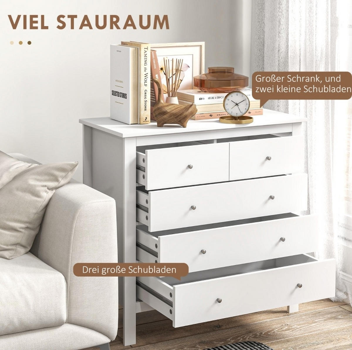 KOMMODE aus Holz 39,5x79x80,5 cm Weiß mit 5 Schubladen, Metallgleitern und pflegeleichter Bodenfreiheit - Weiß, Holzwerkstoff (79/80.5/39.5cm) - Modfu