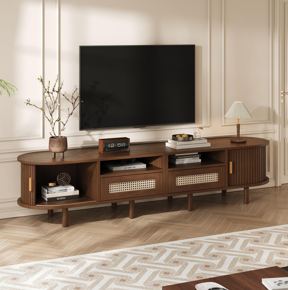 LOWBOARD 170/40/40 cm aus MDF mit Rattanfront und Schiebetüren Dunkelbraun - Braun, Holzwerkstoff (170/40/40cm) - Modenvie