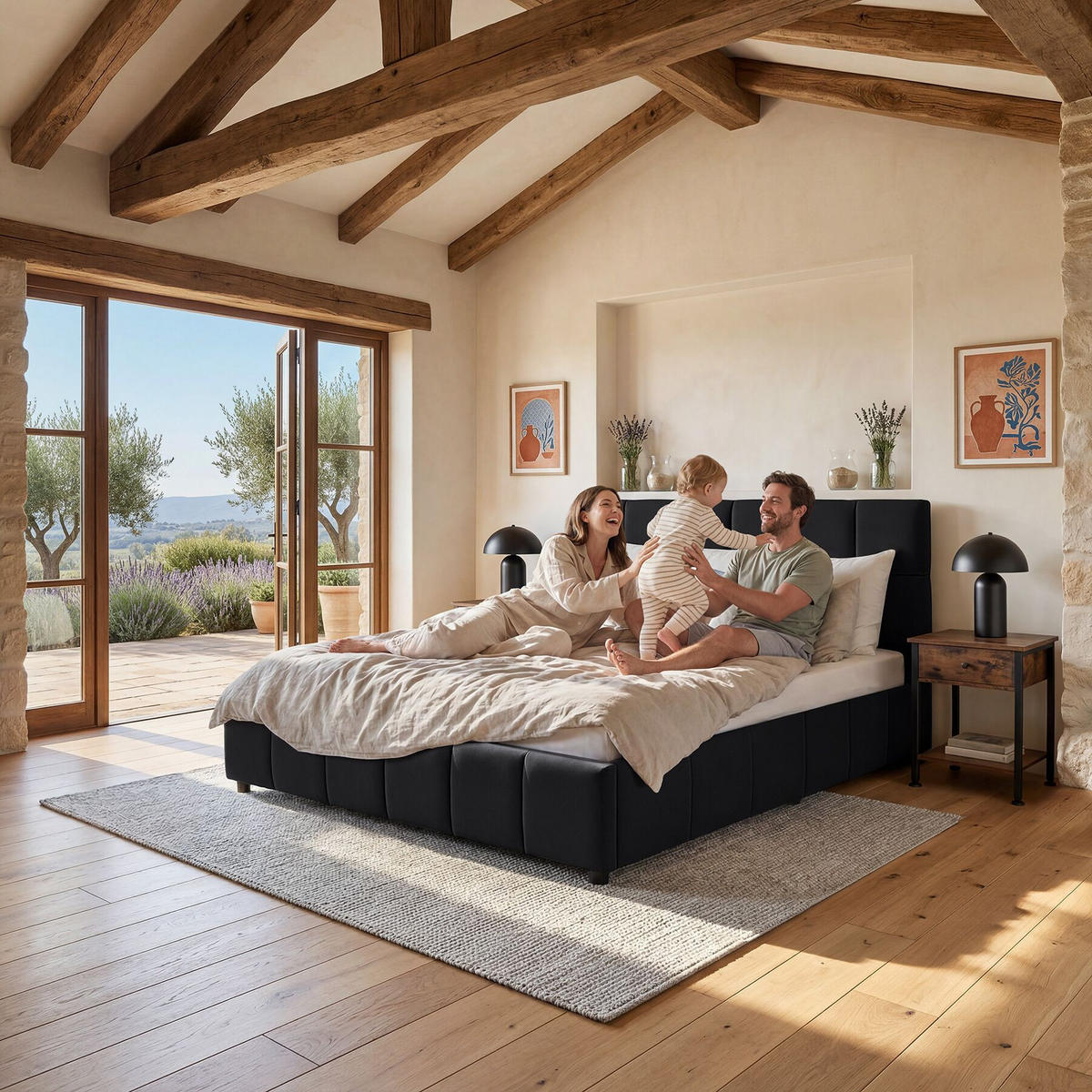 POLSTERBETT Shirley, Belastbarkeit 250 kg, Samtoptik schwarz - Schwarz/Samtahornfarben, Holz (180/200cm) - tectake