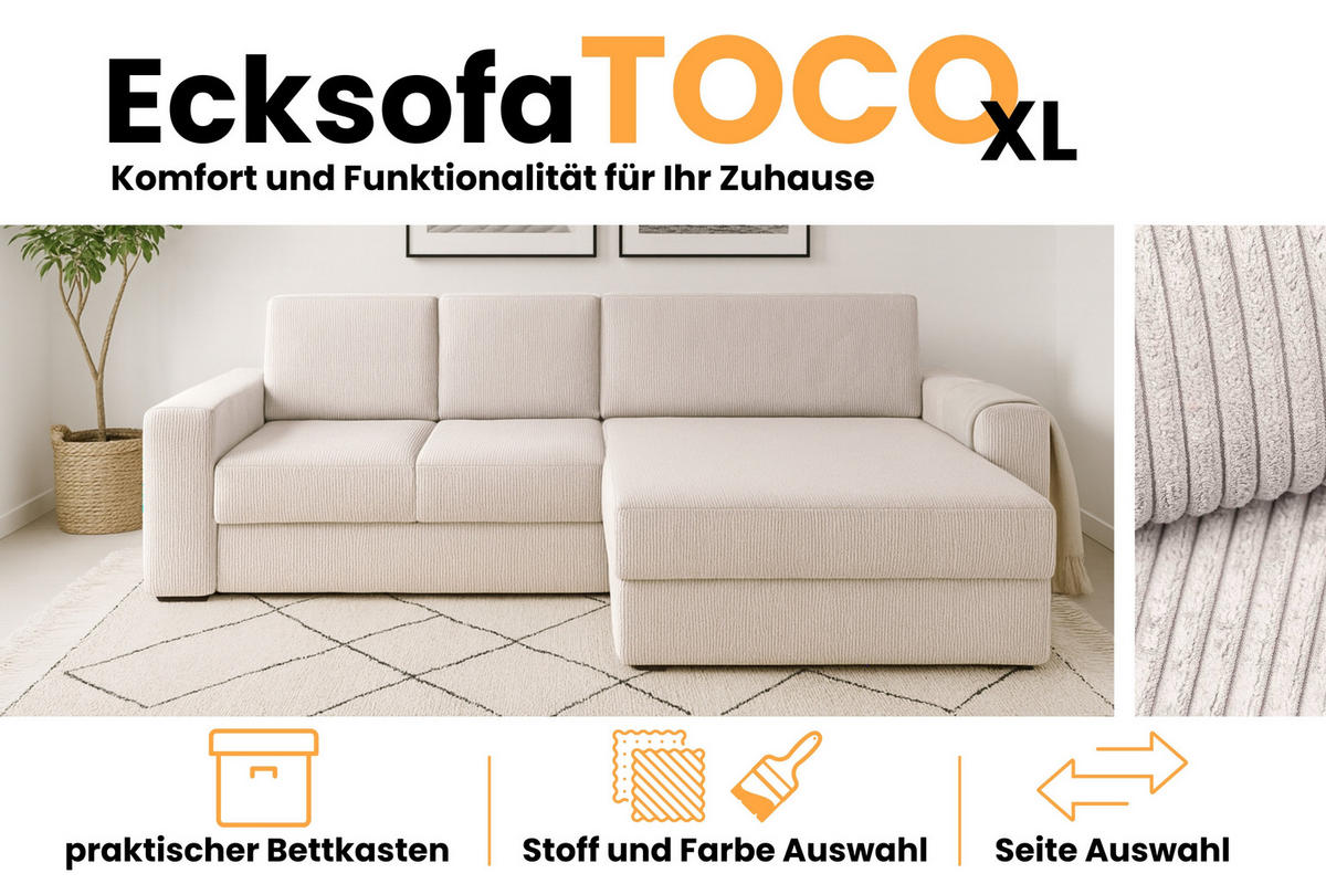 ECKSOFA TOCO XL 275/170 cm in Cord Creme rechts - Creme, Holz/Holzwerkstoff (275/170cm) - Deine Möbel 24