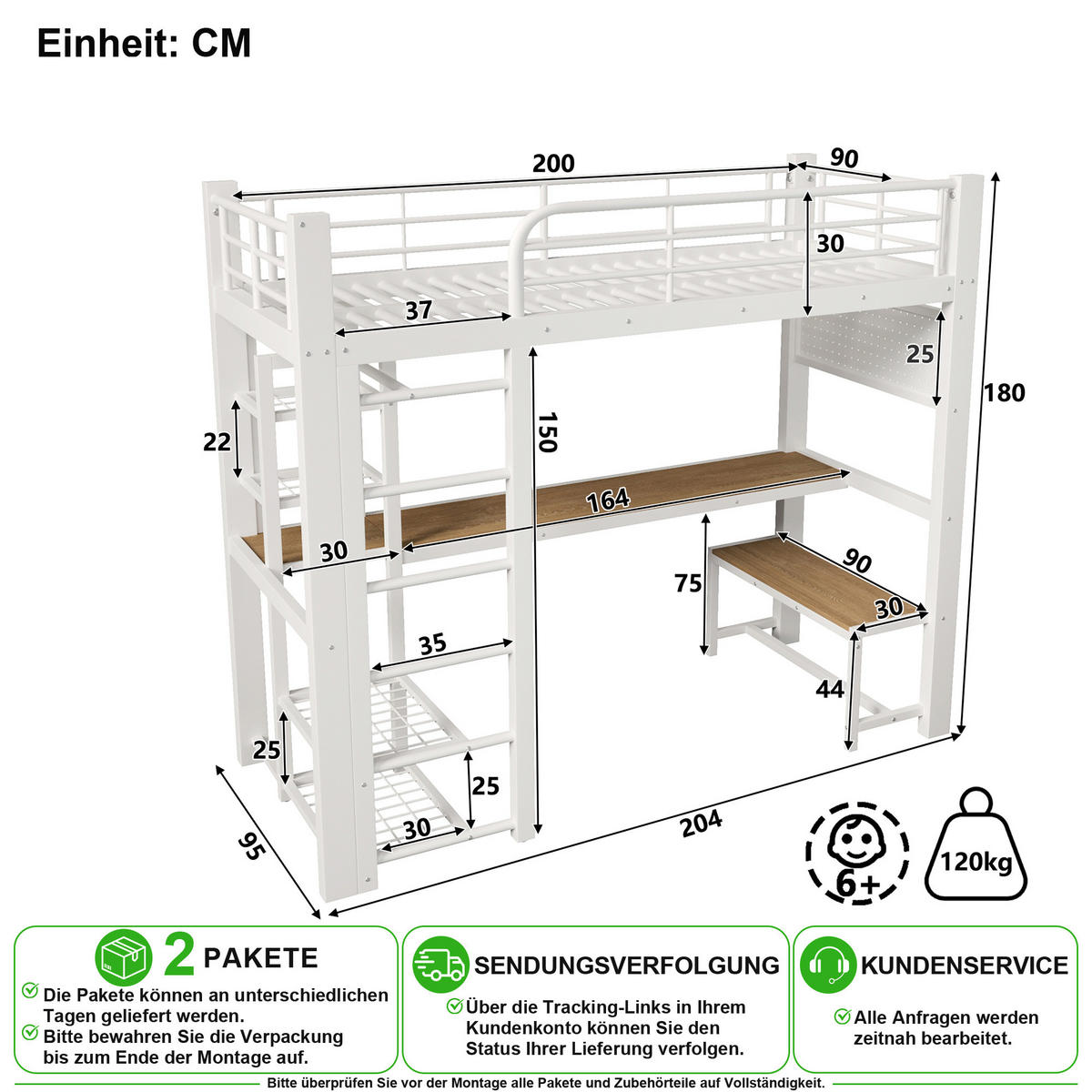 HOCHBETT 90/200 cm in Weiß mit LED, Schreibtisch, Ablagen und Kleiderstange aus Metall - Weiß, Holzwerkstoff/Metall (90/200cm) - CHICFURN