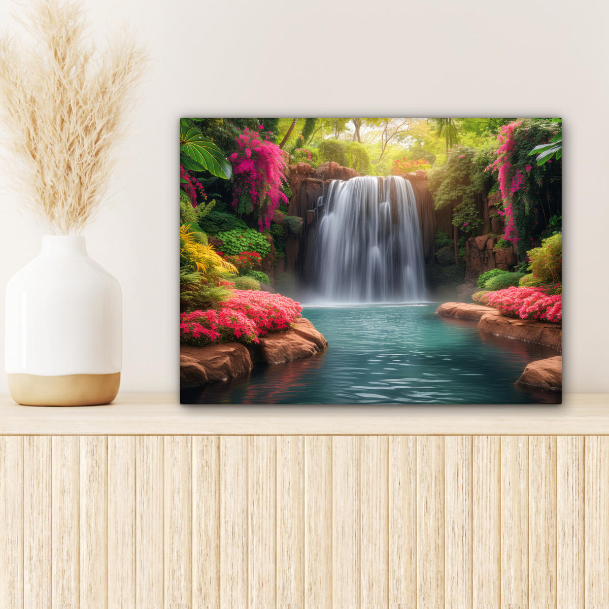 LEINWANDBILD Wasserfall - Natur - Pflanzen - Dschungel - Wasser Wandbild 40x30 cm - Grün, Textil (40/30cm) - MuchoWow