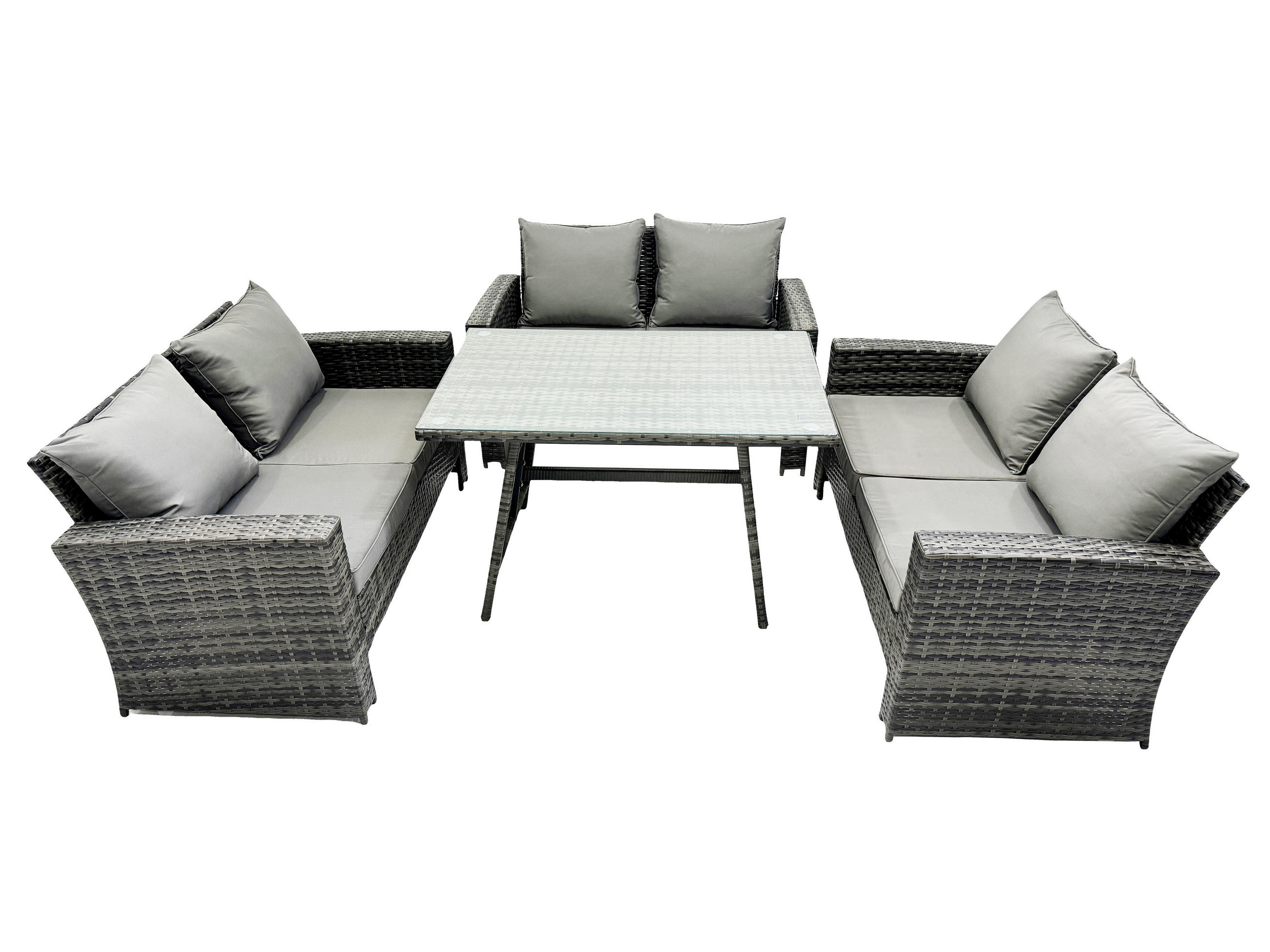 GARTENMÖBELSET mit ESSTISCH,HOCHLEHNER-SOFA Polyrattan Dunkelgrauer Mix 6-Sitzer - Dunkelgrau/Grau, Glas/Kunststoff - Fimous