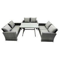 GARTENMÖBELSET mit ESSTISCH,HOCHLEHNER-SOFA Polyrattan Dunkelgrauer Mix 6-Sitzer - Dunkelgrau/Grau, Glas/Kunststoff - Fimous