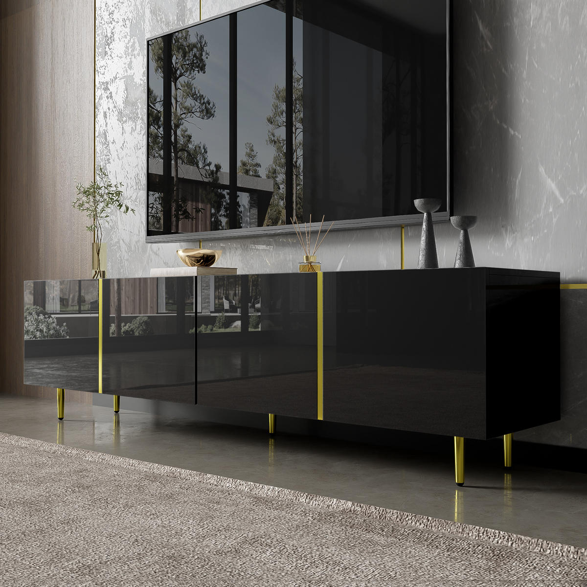 TV-SCHRANK Hochglanz in Weiß mit vier Türen 170/35/46 cm - Schwarz, Holzwerkstoff (170/46/35cm) - Redom